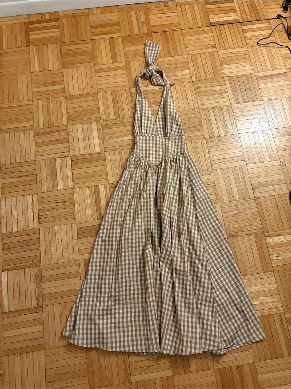 Frankie's Bikinis Beige Gingham Halter Maxi Dress